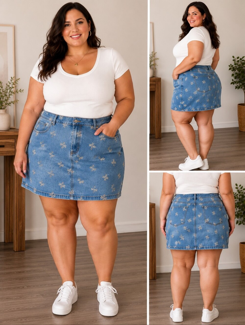 And Now This Women’s 4X Plus Denim Mini Skirt Floral Embroidered Stretch NWT